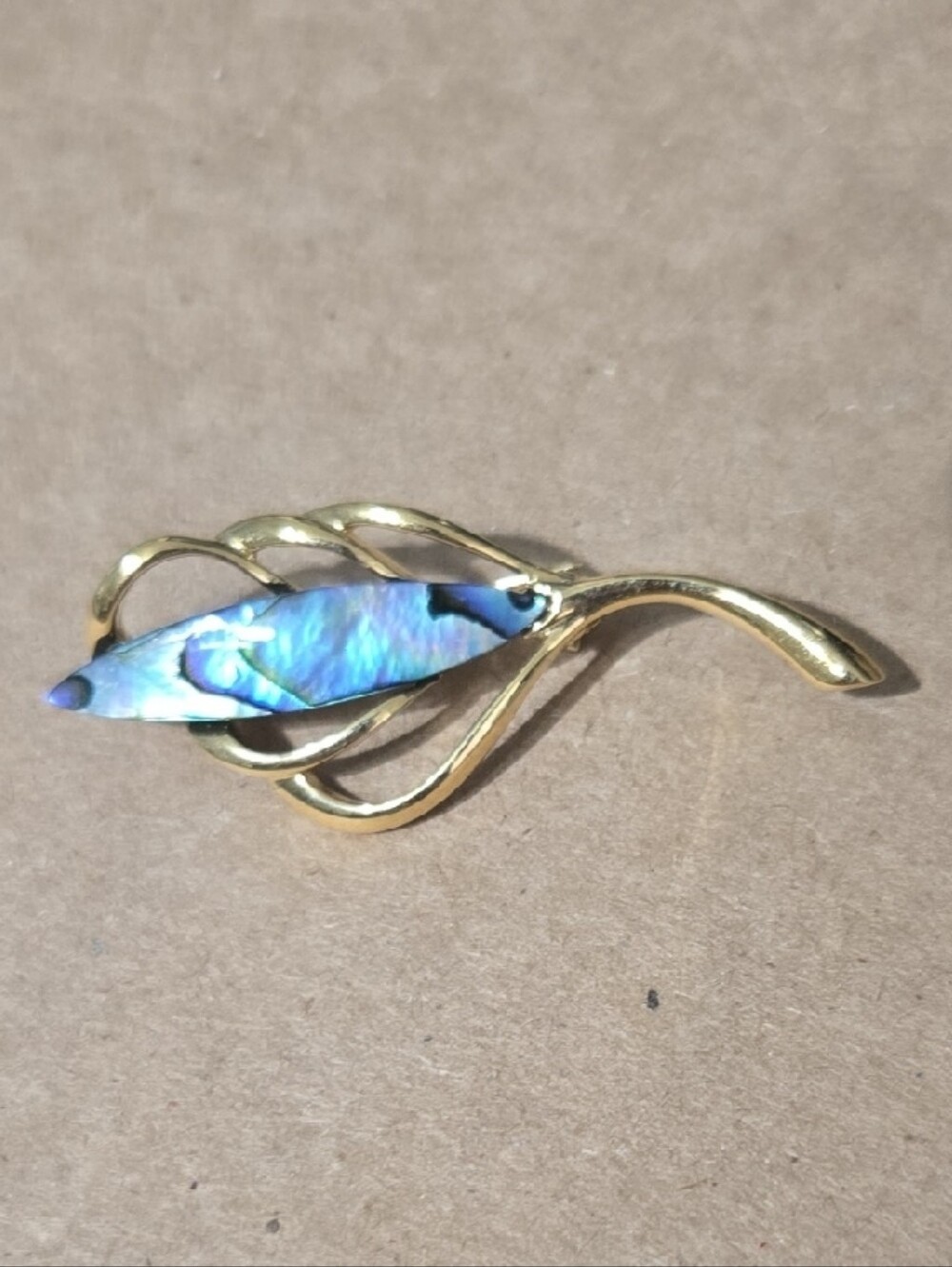 Ariki Paua 22k Gold Plated Abalone Leaf Brooch - Iridescent Blue-Green Accent